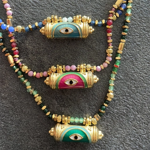 Bohemian Copper Enamel Evil Eye Kaleidoscope Pendant Necklace Retro Woven Rope Chain Gold Plated Eye Choker For Women Men