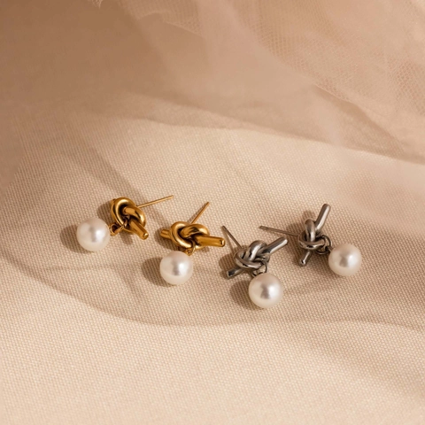 Orecchini e Collana in Perla Artificial Barocca a Nodo Vintage Francese Gioielli in Acciaio al Titanio Inossidabile per Donna Placcati Oro Argento
