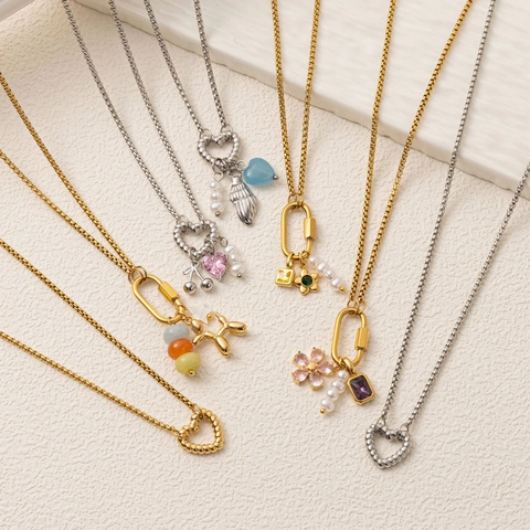 18k Gold Plated Stainless Steel Necklace For Women Fashion Heart Flower Balloon Dog Pendant Carabiner Lock Jewelry