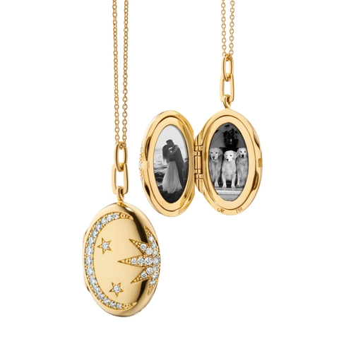 Vintage Copper Locket Necklace With Sun Moon Stars Rhinestone Inlaid Gold Plated Oval Round Photo Frame Pendant For Women Jewelry