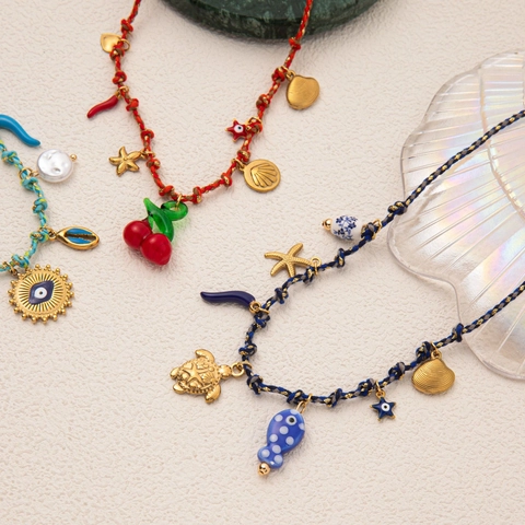 Bohemian Multi-Pendant Necklace Stainless Steel Shell Faux Pearl Ceramic Turtle Sea Theme Braided Rope Jewelry Women Gift