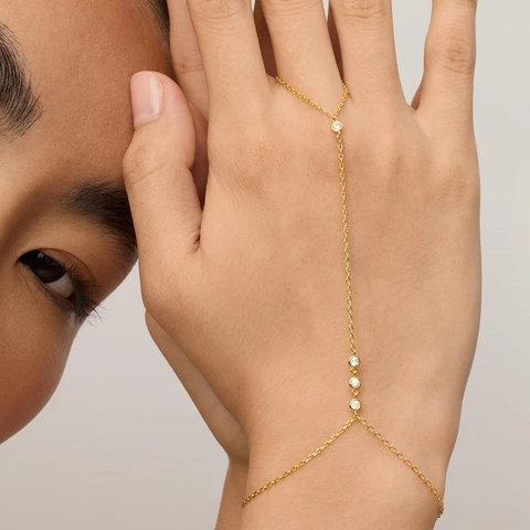 18K Gold Plated Stainless Steel Hand Harness Ring Bracelet For Women With Zirconia Artificial Pearl Minimalist Hand Chain Jewelry