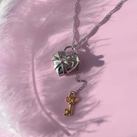 Collar de Relicario de Lazo de Cobre Vintage Con Colgante de Marco de Foto Corazón de Strass Llave Joyería Chapada en Oro