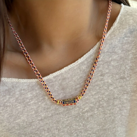 Bohemian Woven Cord Titanium Steel Pendant Necklace Gold Plated Enamel Letter Heart Evil Eye Adjustable Fashion Jewelry