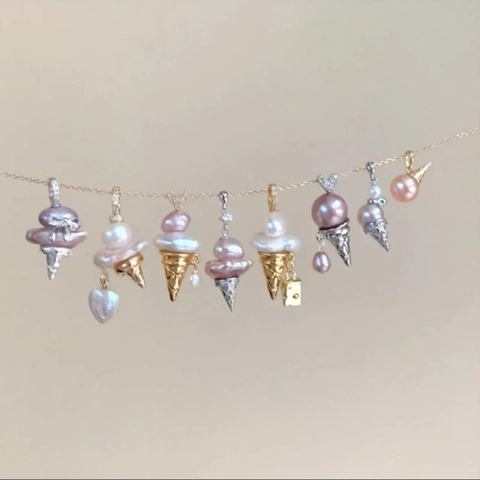 Ice Cream Baroque Pearl Pendant Necklace For Women Copper Gold Plated Artificial Pearl Sweet Food Jewelry Rhinestone Butterfly Knot Choker Necklace