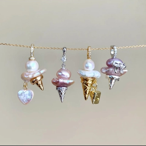 Ice Cream Baroque Pearl Pendant Necklace For Women Copper Gold Plated Artificial Pearl Sweet Food Jewelry Rhinestone Butterfly Knot Choker Necklace