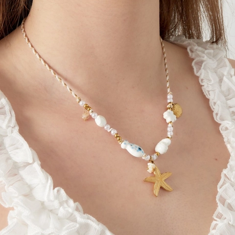 Collier Pendentif Étoile de Mer et Coquillage Bohème en Acier Inoxydable Plaqué Or 18K Corde Tressée Bijoux de Plage pour Femme