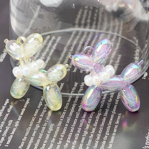 Iridescent Balloon Dog Pendant With Artificial Pearl Collar Electroplated Resin Charm For Keychain Phone Case Bag Decoration Women Jewelry