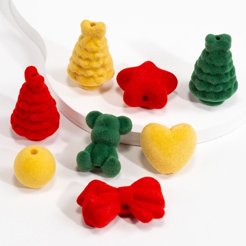 DIY Flocked Acrylic Beads Christmas Tree Bear Star Heart Bow For Jewelry Making Keychains Phone Straps Accessories