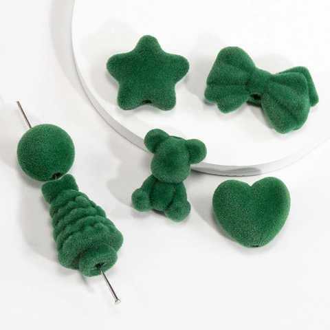 DIY Flocked Acrylic Beads Christmas Tree Bear Star Heart Bow For Jewelry Making Keychains Phone Straps Accessories