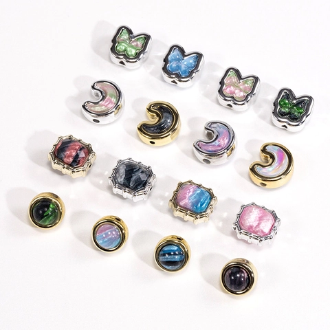 Oil Painting Starry Sky Acrylic Alloy Beads Moon Star Butterfly Straight Hole Beads For DIY Jewelry Making Phone Chain