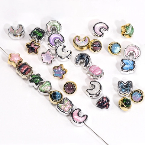 Oil Painting Starry Sky Acrylic Alloy Beads Moon Star Butterfly Straight Hole Beads For DIY Jewelry Making Phone Chain