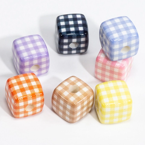 Acrylic Cube Beads Gingham Plaid Pattern Print DIY Jewelry Making Accessories For Keychain Phone Chain Handcraft Beads