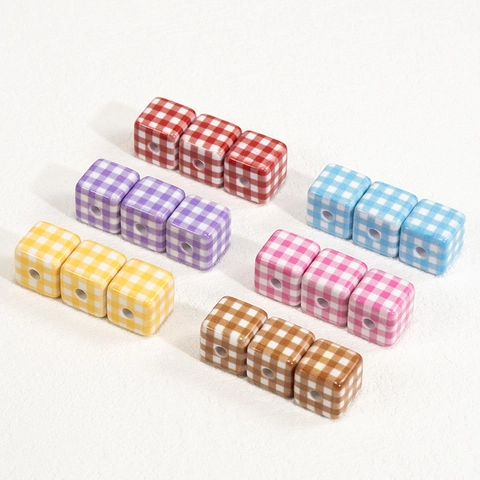 Acrylic Cube Beads Gingham Plaid Pattern Print DIY Jewelry Making Accessories For Keychain Phone Chain Handcraft Beads