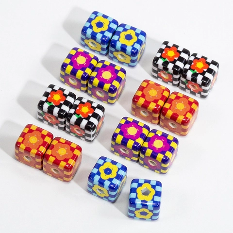 Acrylic Checkered Cube Tulip Flower Beads For DIY Jewelry Making Bracelet Necklace Phone Chain Craft Spacer Loose Beads