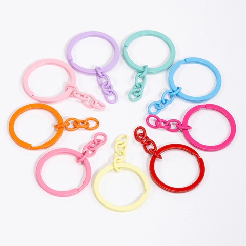 DIY Colorful Alloy Metal Flat Keychain Ring With Short Links Chain Candy Rainbow Color Lacquer Key Ring Connector For Jewelry Making