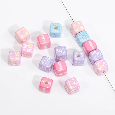 Acrylic Letter Square Beads Colorful Printed Cube Loose Beads For DIY Jewelry Making Keychain Phone Strap Accessory Fun Design