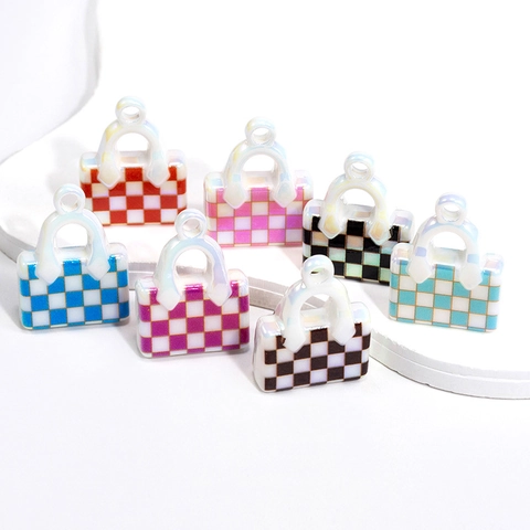 Mini Handbag Checkerboard Acrylic Charms For DIY Jewelry Making Pearlescent Finish Keychain Pendant Craft Accessories