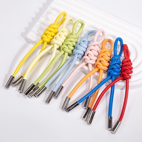 Llavero de Cuerda de Cuero Tejido a Mano Para Mujer Colgante de Bolso Anudado Accesorios de Moda Para Bolso Con Punta de Metal Anillo de Llave de Coche