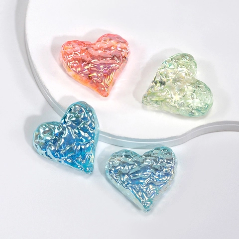 Aurora Heart Shaped Acrylic Beads With Crinkled Texture Iridescent Loose Beads For DIY Jewelry Making Keychain Phone Chain
