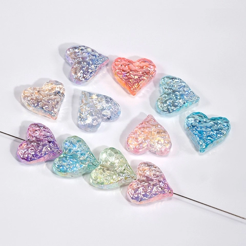 Aurora Heart Shaped Acrylic Beads With Crinkled Texture Iridescent Loose Beads For DIY Jewelry Making Keychain Phone Chain