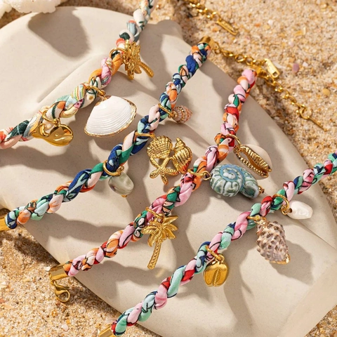 Bohemian Ocean Shell Stainless Steel Necklace Woven Rope Starfish Coconut Tree Pendant Summer Beach Vacation Jewelry For Women