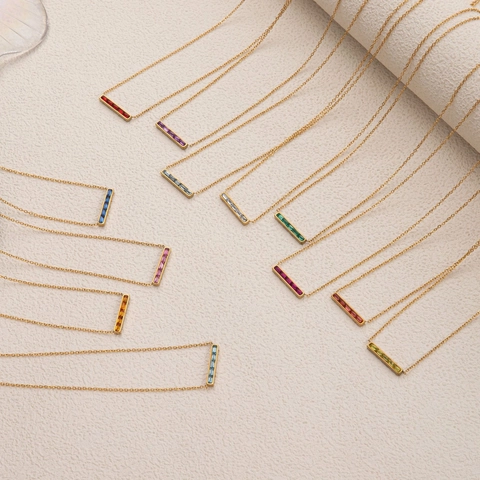 Stainless Steel Rectangle Bar Birthstone Pendant Necklace 18K Gold Plated Niche Luxury Rhinestone Jewelry For Women Gift