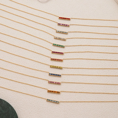 Stainless Steel Rectangle Bar Birthstone Pendant Necklace 18K Gold Plated Niche Luxury Rhinestone Jewelry For Women Gift