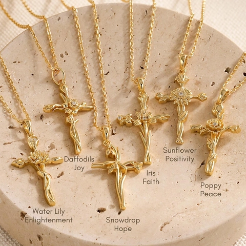 18K Gold Plated Titanium Steel Birth Flower Cross Pendant Necklace Retro French Style Botanical Personalized Jewelry For Women