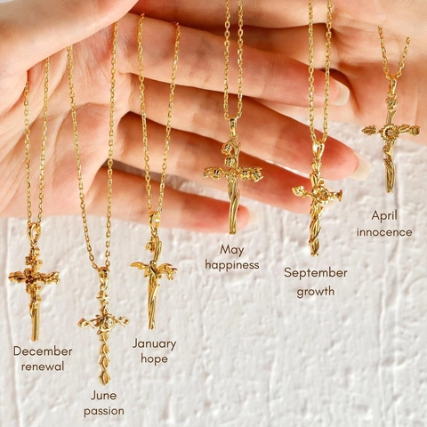 18K Gold Plated Titanium Steel Birth Flower Cross Pendant Necklace Retro French Style Botanical Personalized Jewelry For Women