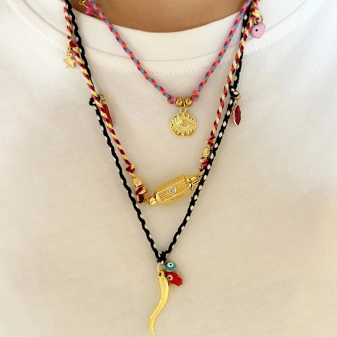 Bohemian Multicolor Cotton Cord Necklace For Women Copper Gold Plated Evil Eye Chili Pepper Pendant Rhinestone Enamel Jewelry