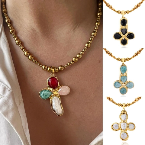 Baroque Stainless Steel Cross Pendant Necklace Colorful Enamel Pebble Effect Titanium Steel O-Chain Retro Jewelry For Women