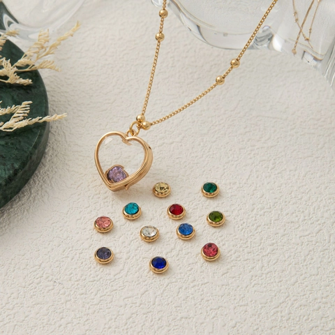14k Vergoldet Kupfer Herz Medaillon Halskette Mit 12 Farben DIY Geburtsstein Kristall Zirkonia Für Damen Schmuck
