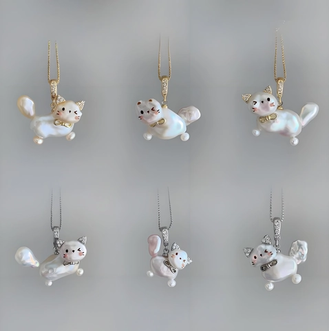 Cute Copper Artificial Pearl Cat Pendant Necklace For Women Elegant Rhinestone Animal Clavicle Chain Jewelry Gift