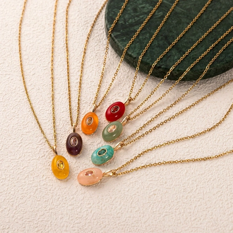 Natural Stone Pendant Necklace Stainless Steel Chain Copper 18K Gold Plated Water Drop Hexagon Jewelry For Women Gift