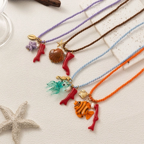 Ocean Theme Pendant Necklace Stainless Steel Glass Ceramic Starfish Shell Fish Octopus Charms Colorful Rope Beach Jewelry Women