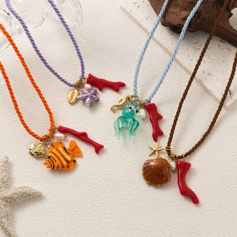 Ocean Theme Pendant Necklace Stainless Steel Glass Ceramic Starfish Shell Fish Octopus Charms Colorful Rope Beach Jewelry Women
