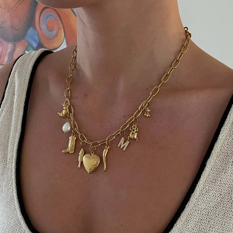 Stainless Steel Multi Charm Necklace For Women Artificial Baroque Pearl Heart Conch Chili Fish Pendant Summer Vacation Jewelry