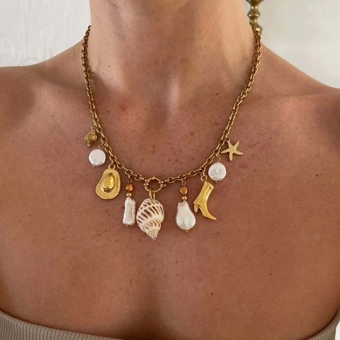 Boho Edelstahl 18K Vergoldet Charme Halskette Für Damen Mit Muschel Perle Herz Hufeisen Stiefel Anhänger Urlaub Schmuck