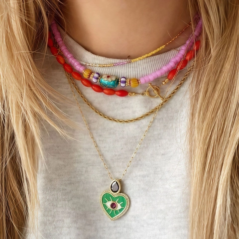 Bohemian Roestvrij Stalen Kralenketting Voor Dames Gekleurde Emaille Bloem Boze Oog Hanger Verstelbare Sieraden