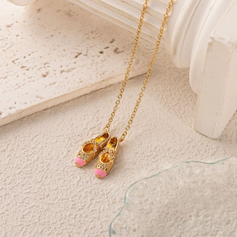 14K Gold Plated Copper Ballerina Shoes Pendant Necklace Pink Enamel Zirconia Ballet Slipper Charm Jewelry Gift For Women Girls