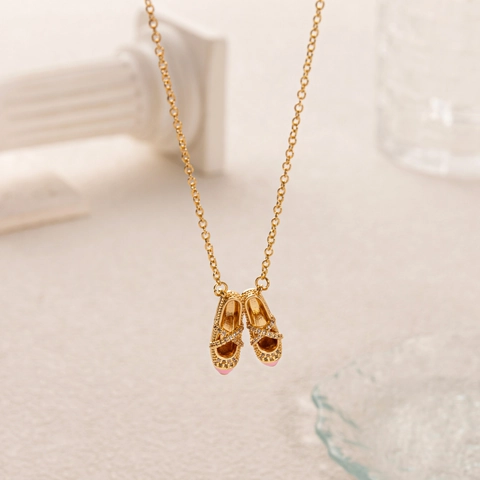 14K Gold Plated Copper Ballerina Shoes Pendant Necklace Pink Enamel Zirconia Ballet Slipper Charm Jewelry Gift For Women Girls