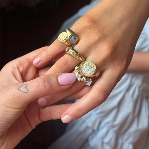 Retro 14K Gold Plated Stainless Steel Signet Ring Enameled Butterfly Heart Moon Phase Adjustable Open Finger Ring Jewelry For Women
