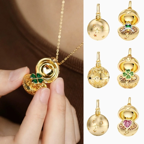 Collar Relicario de Cobre Chapado en Oro de 14K Vintage Trébol Rana Corazón Joyería de Mensaje Secreto Mujer Regalo Aniversario