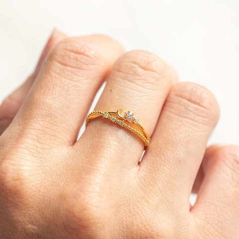 Minimalist Copper PVD Plated Gold Layered Star Moon Ring For Women Elegant Zirconia Inlaid Fashion Finger Jewelry Gift