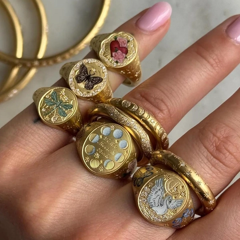 Retro 14K Gold Plated Stainless Steel Signet Ring Enameled Butterfly Heart Moon Phase Adjustable Open Finger Ring Jewelry For Women