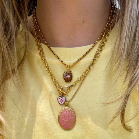 Collier Pendentif Floral en Cuivre Émaillé Peint Vintage pour Femme Élégant Collier à Chaîne Géométrique Placcato Or Cœur Ovale Fleur