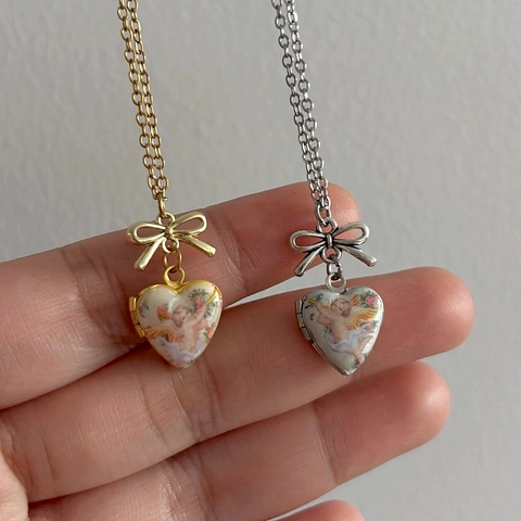 Collana a Medaglione a Cuore in Rame Placcato Oro 18K Vintage Per Donna Con Fiocco E Motivo Angelo Cherubino Gioielli Barocchi