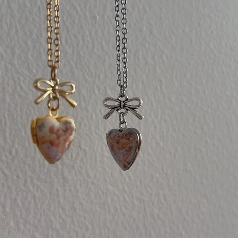 Collana a Medaglione a Cuore in Rame Placcato Oro 18K Vintage Per Donna Con Fiocco E Motivo Angelo Cherubino Gioielli Barocchi