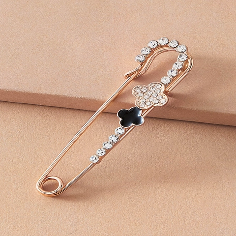 Roségold Kleeblatt Sicherheitsnadel Brosche Mit Strass Und Schwarzer Emaille Einfach Retro Mode Dekorative Schmuck Für Damen